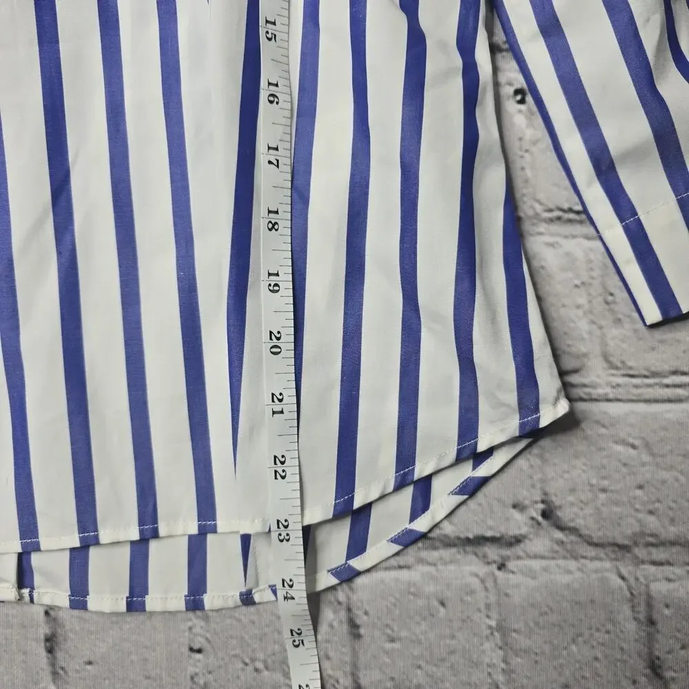 Usonia Womens White Blue Vertical Stripe 100% Cotton 3/4 Sleeve Blouse Size L - Picture 10 of 11